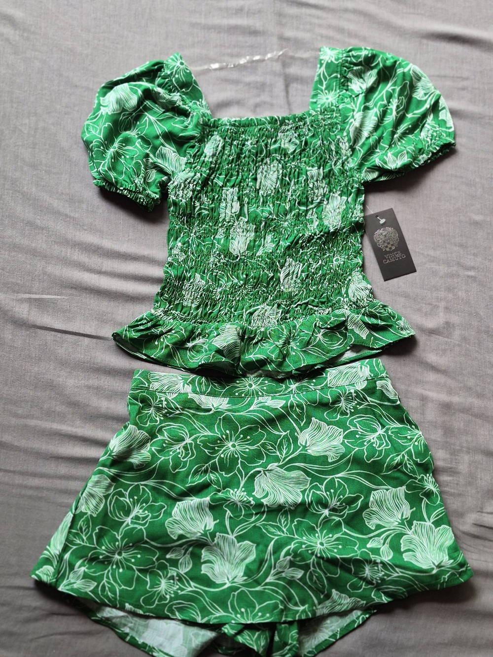 Vince Camuto Green Floral Smocked Peplum Top & Skirt Set - Kids
